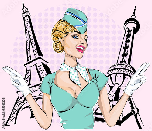 Beautiful sexy stewardess with Eiffel Tower and Oriental Pearl background