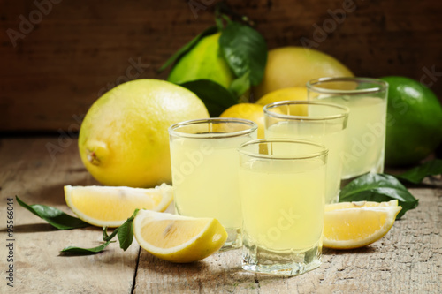 Traditional homemade lemon liqueur limoncello and fresh citrus o photo