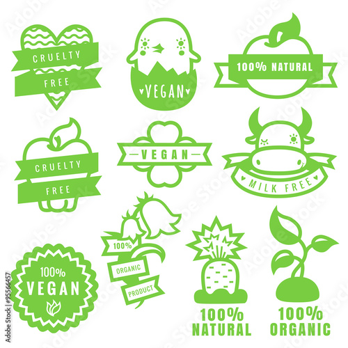 Green natural, vegan, cruelty free and organic products stickers and icons in vector