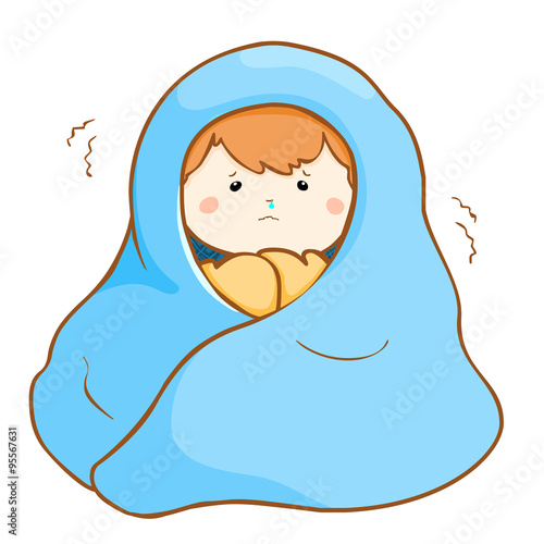 ill boy shivering hard under blanket vector