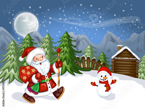 Merry Christmas Card .Illustration of a funny cartoon Santa Claus and snowman