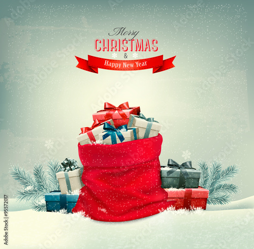 Holiday Christmas background with a sack full of gift boxes. Vec