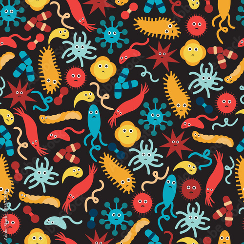 seamless black background with a cute colorful bacteria and viruses