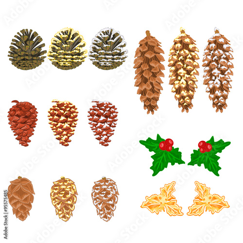 Christmas decorations Pine cones natural and golden pine cones and snow pine cones vector