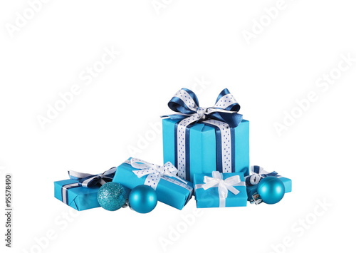 wrapped blue gift boxes and Christmas balls, isolated on white