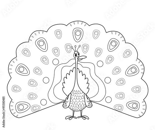 Coloring page outline of funny peafowl