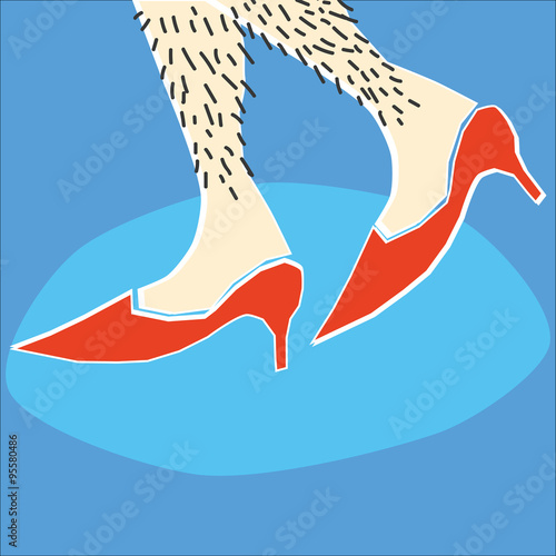 A pair of hairy female or possibly male bare legs walking along in red high heels