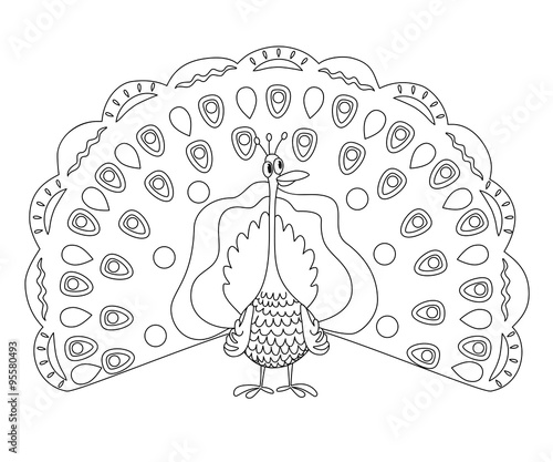 Coloring page outline of funny peafowl