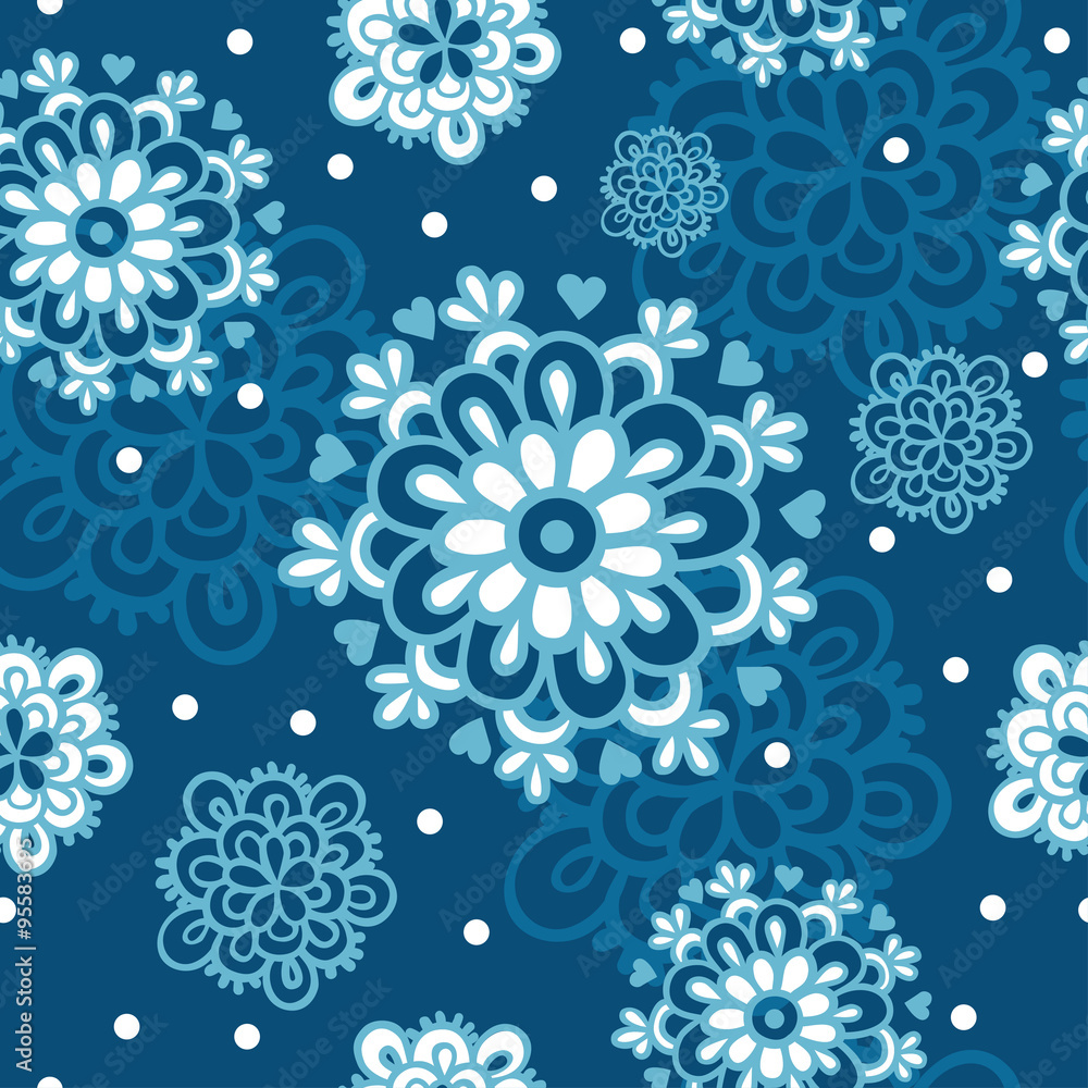 Seamless pattern with flowers, snowflakes.
