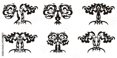 Tribal decorative tree symbols. Vector set of abstract decorative trees. Oak krone in the form of the person