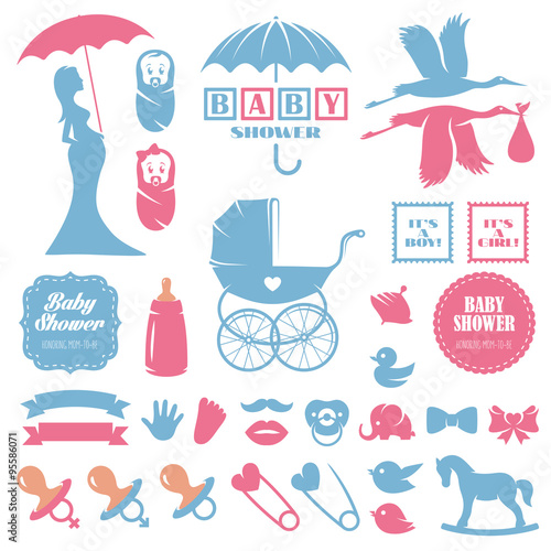 Baby shower design elements vector set. Pregnancy, breast feeding, children toys theme vintage collection