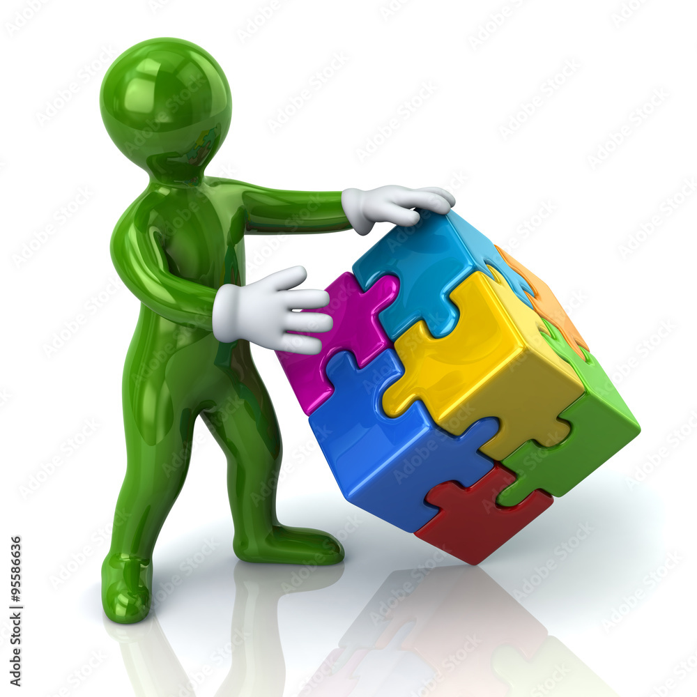 Green man and colorful 3d puzzle cube