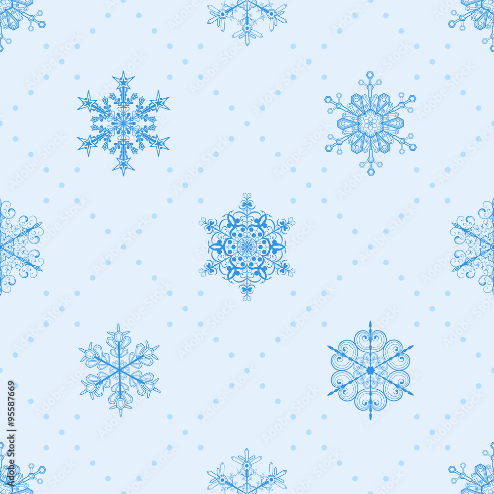 Fototapeta premium Seamless pattern of snowflakes, blue on light blue