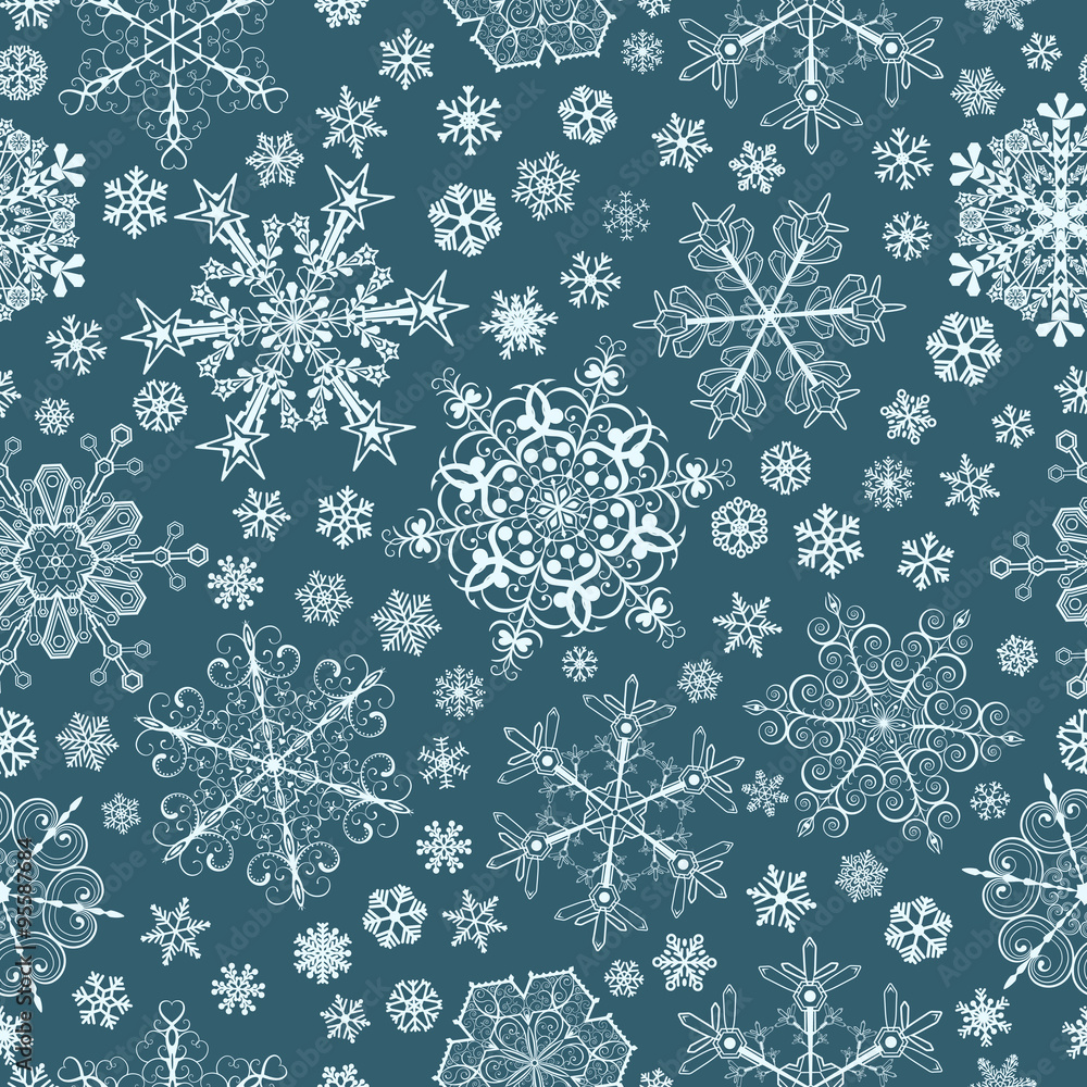 Seamless pattern of snowflakes, light blue on blue Seamless pattern of snowflakes, light blue on blue