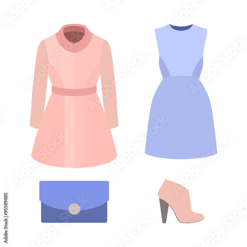 Set of  trendy women's clothes with coat, dress and accessories. Women's wardrobe. Vector illustration
