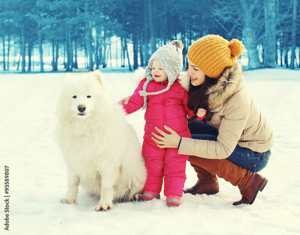 Happy family in winter day, mother and child walking with white Happy family in winter day, mother and child walking with white