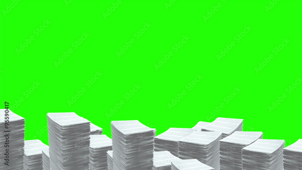 Stacks of Paper Pile Up. Stacks of paper pile up and fill bottom half of screen. On green backdrop.Clip comes with Luma Matte for isolation