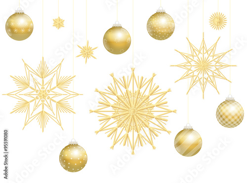 Christmas balls and straw stars, golden decoration. Isolated vector illustration over white background.