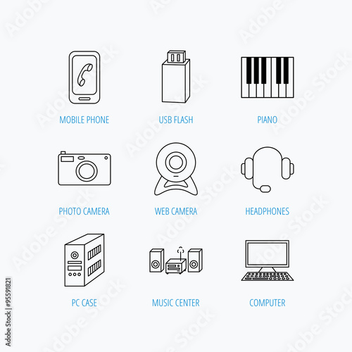 Photo camera, headphones and Usb flash icons.