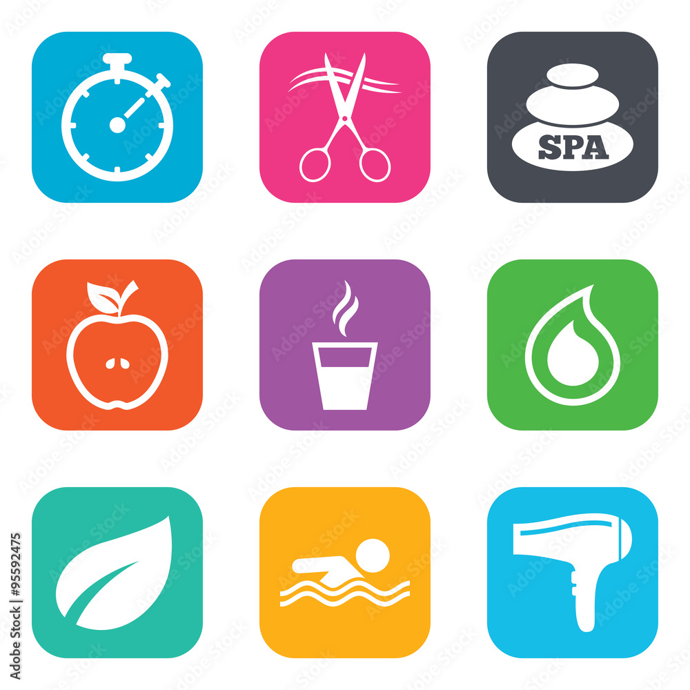 Spa, hairdressing icons. Swimming pool sign. Spa, hairdressing icons. Swimming pool sign.