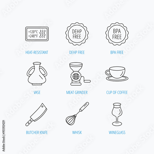Coffee cup, butcher knife and wineglass icons.