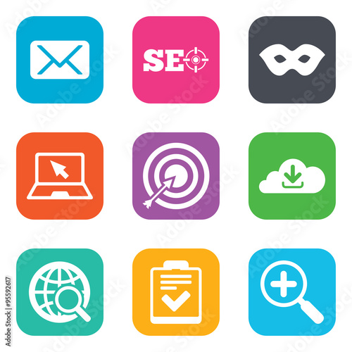 Internet, seo icons. Checklist, target signs.