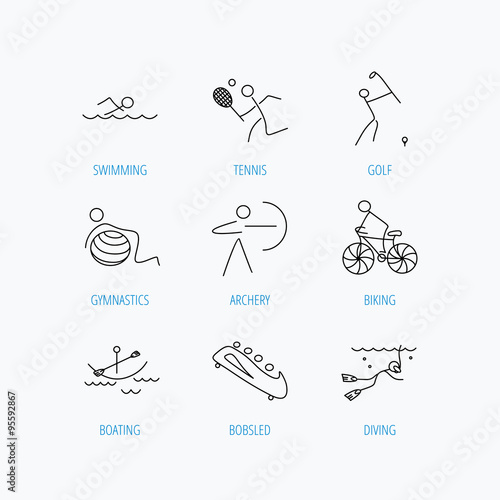 Swimming, tennis and golf icons. Biking, diving.