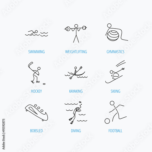 Swimming, football and skiing icons. Ice hockey.