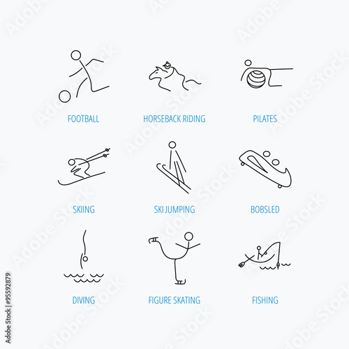 Pilates, football and skiing icons. Fishing.