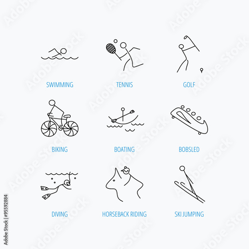 Swimming, tennis and golf icons. Biking, diving.