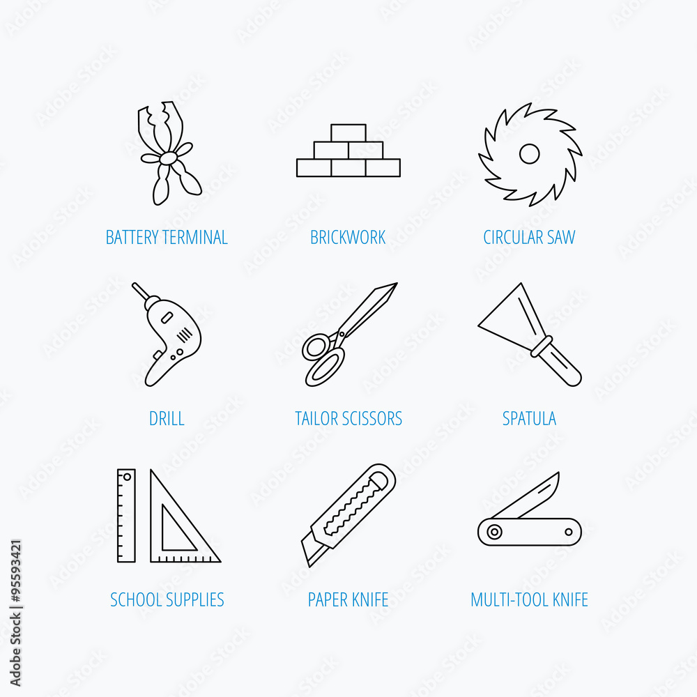 Paper knife, spatula and scissors icons. Paper knife, spatula and scissors icons.