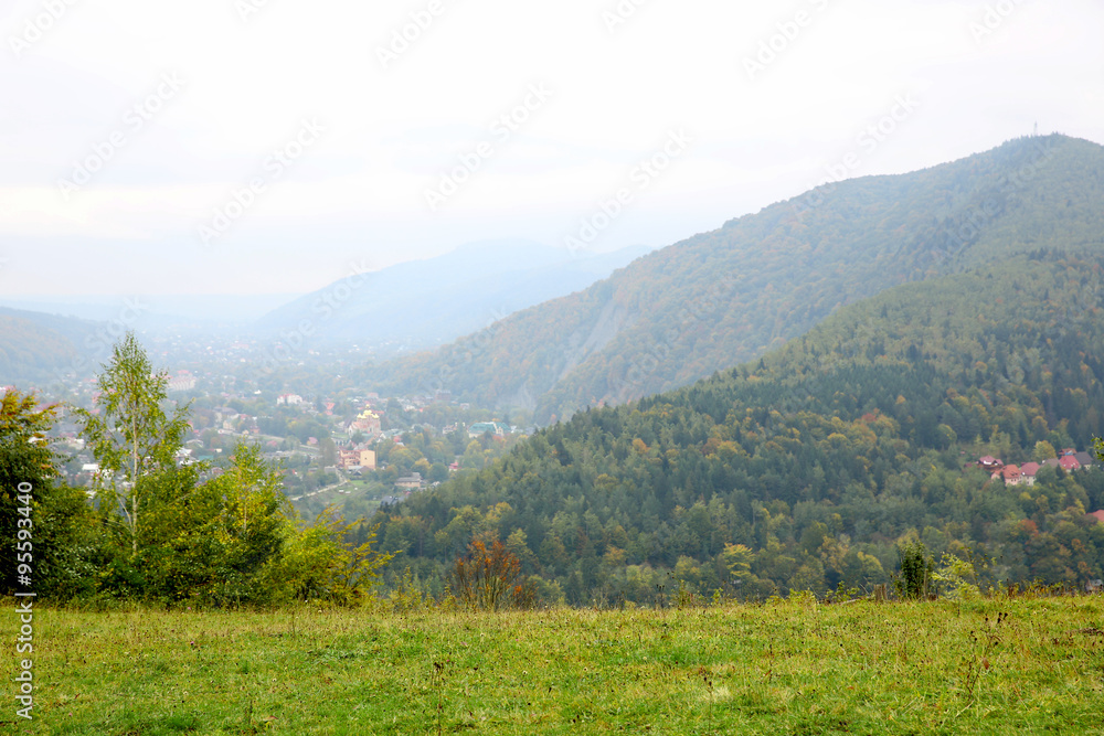 Landscape of village in mountains - obrazy, fototapety, plakaty 