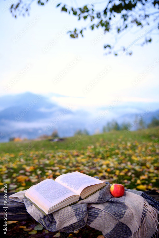 Open book on old wooden bench in mountains