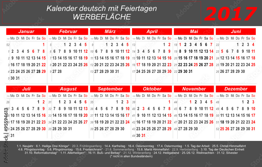 Kalender 2017 - grau-rot - quer - deutsch - mit Feiertagen Stock Vector |  Adobe Stock