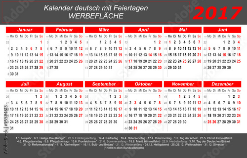 Kalender 2017 - grau-rot - quer - deutsch - mit Feiertagen 