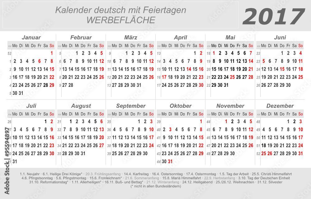 Kalender 2017 - quer - deutsch - Feiertagen Stock Vector | Adobe