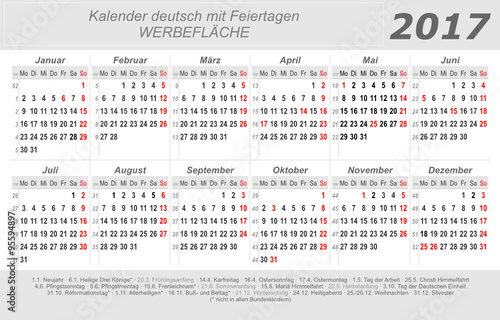 Kalender 2017 - grau - quer - deutsch - mit Feiertagen 