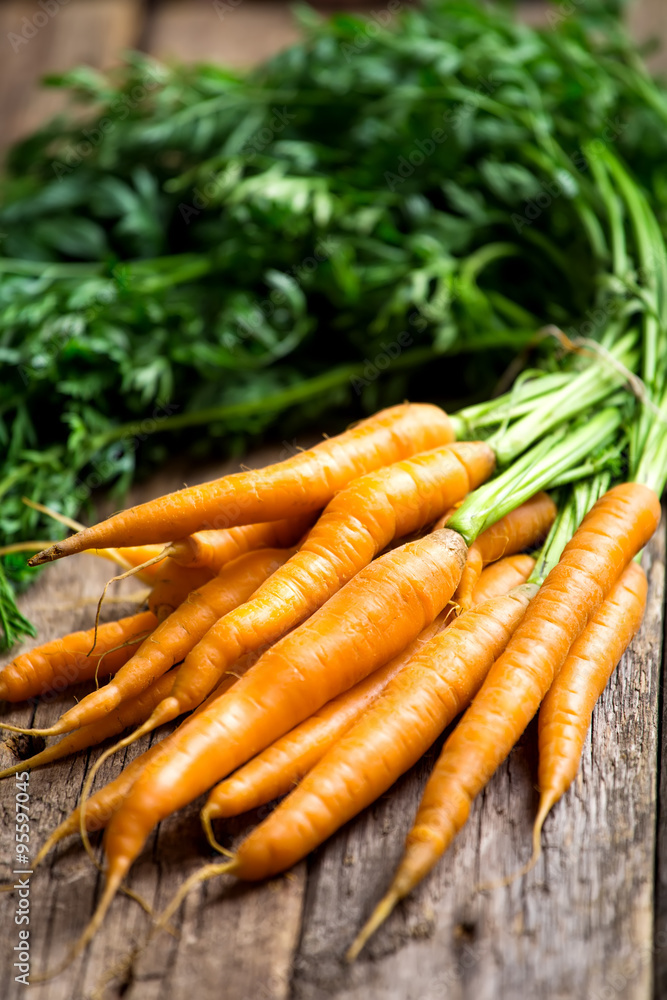 Raw carrot with green leaves on wooden background Raw carrot with green leaves on wooden background