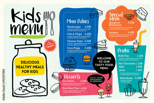 Cute colorful kids meal menu placemat template