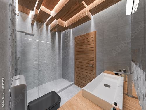 3D visualization of a bathroom in a gray stone and a mosaic