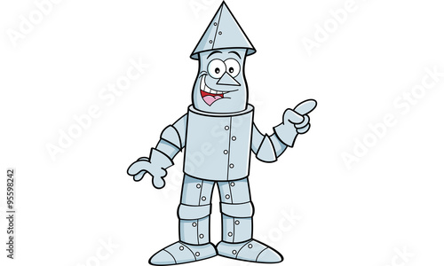 Cartoon illustration of a tin man pointing.