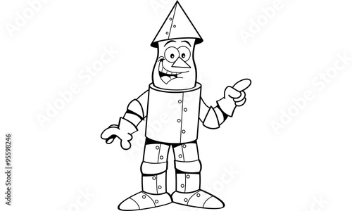 Black and white illustration of a tin man pointing.