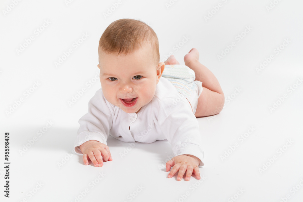 Baby newborn in the shirt closeup on white background. Baby newborn in the shirt closeup on white background.