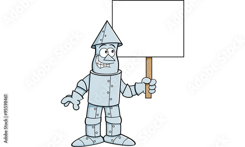 Cartoon illustration of a tin man holding a sign.