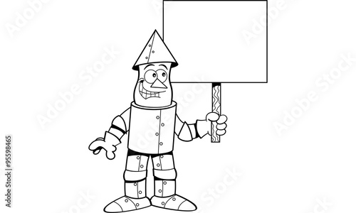 Black and white illustration of a tin man holding a sign.