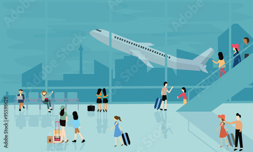 people at airport vector travel activities illustration  departure arrival  flight plane busy