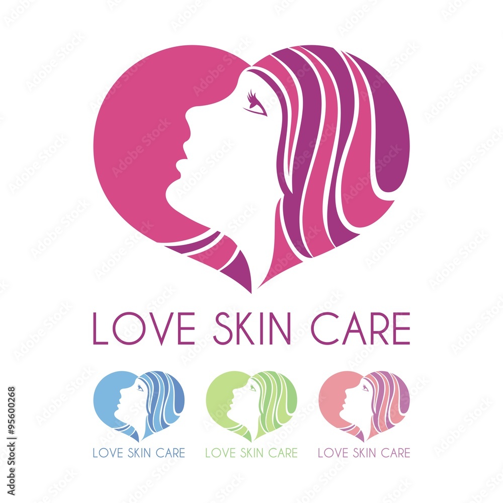 Skin Care Heart Design Logo. Logo for beauty salon, hair, face and skin care product, cosmetics, makeup or spa center with beautiful woman profile Skin Care Heart Design Logo. Logo for beauty salon, hair, face and skin care product, cosmetics, makeup or spa center with beautiful woman profile