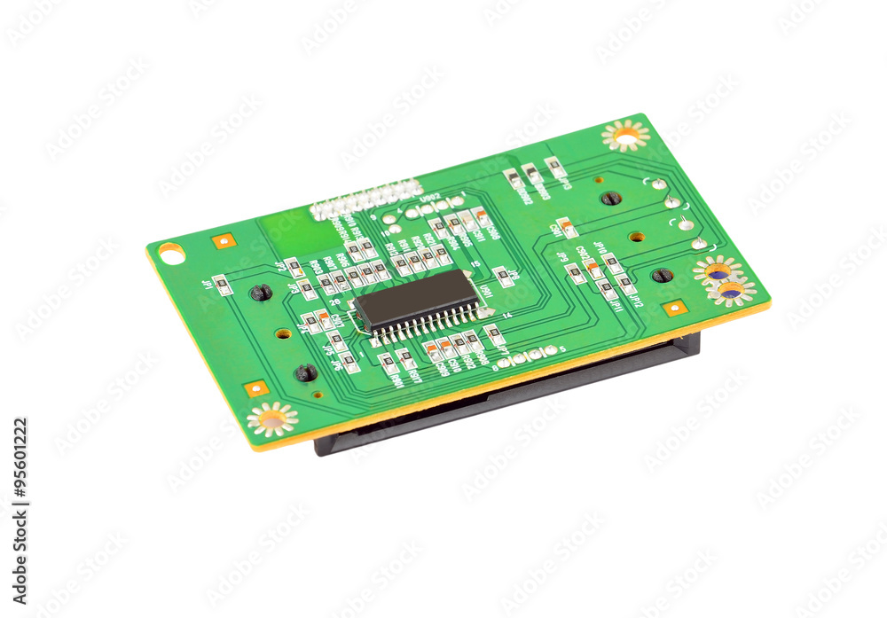 Printed green circuit board, isolated on white background Printed green circuit board, isolated on white background