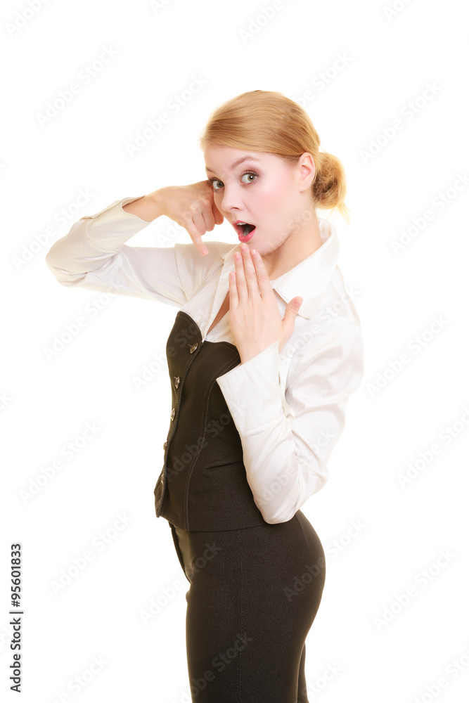 Phone. Surprised businesswoman making call me gesture Phone. Surprised businesswoman making call me gesture