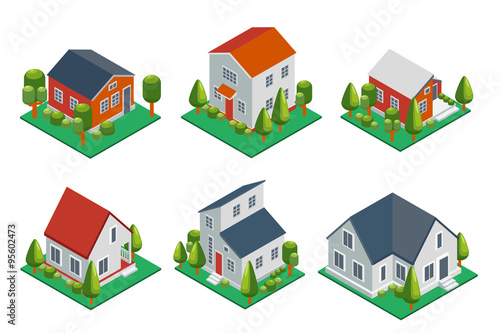 Isometric 3d private house, rural buildings and cottages icons set